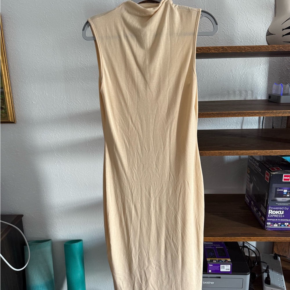 AREA Cream Sheath Midi Dress Mock Neck Sleeveless